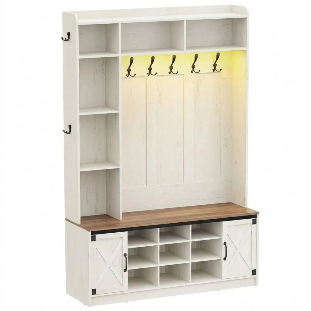 Perchero LED con Banco para Zapatos y Estantes Ajustables, 15 Compartimientos Abiertos, 7 Ganchos, para Entrada y Pasillo, Blanco y Marrón-Wohnlichter