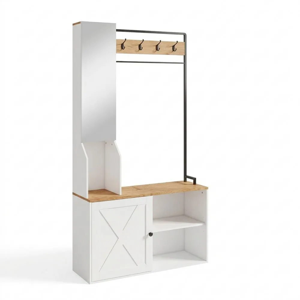 Zapatero Multifuncional con Espejo y Banco, 90 x 30 x 170 cm, Recibidor Moderno con 4 Ganchos, Blanco y Natural-Wohnlichter