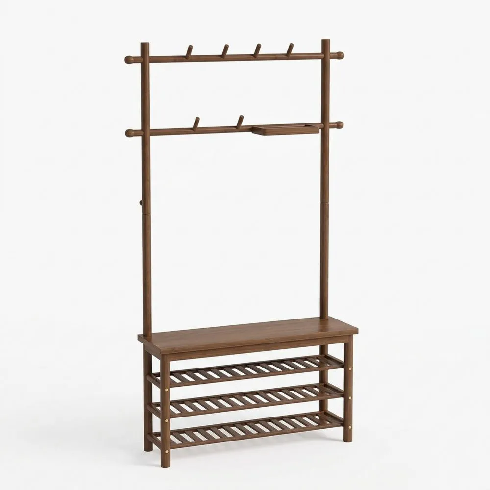 Perchero de Pie de Bambú con Banco y Zapatero, 13 Ganchos, 6 en 1 para Pasillo, Lavandería, Dormitorio, Color Nogal-Wohnlichter