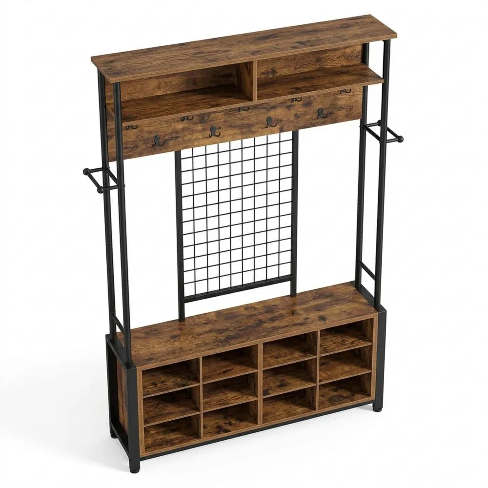 Perchero de Pasillo con Banco para Zapatos y 12 Compartimentos, 13 Ganchos, Marrón Rústico-Wohnlichter