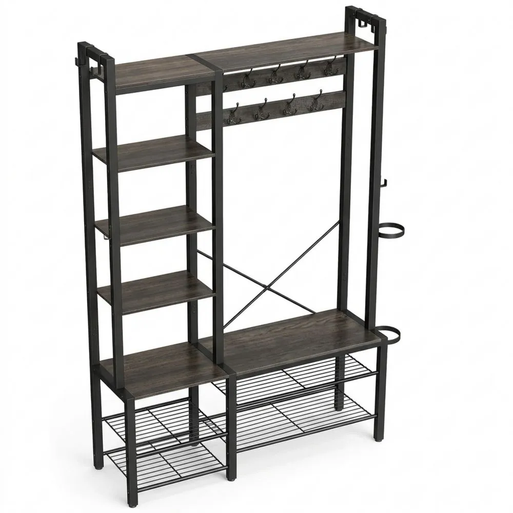 Perchero Multifuncional con Banco para Zapatos y Estantes de Almacenamiento-Wohnlichter