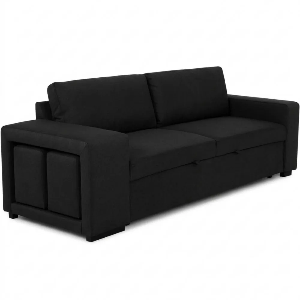 Sofá cama para 3 personas con 2 pufs, sistema de cama integrado, cojines sueltos, tela de poliéster, estilo moderno, medidas 248 x 117 x 90 cm, color negro-Wohnlichter
