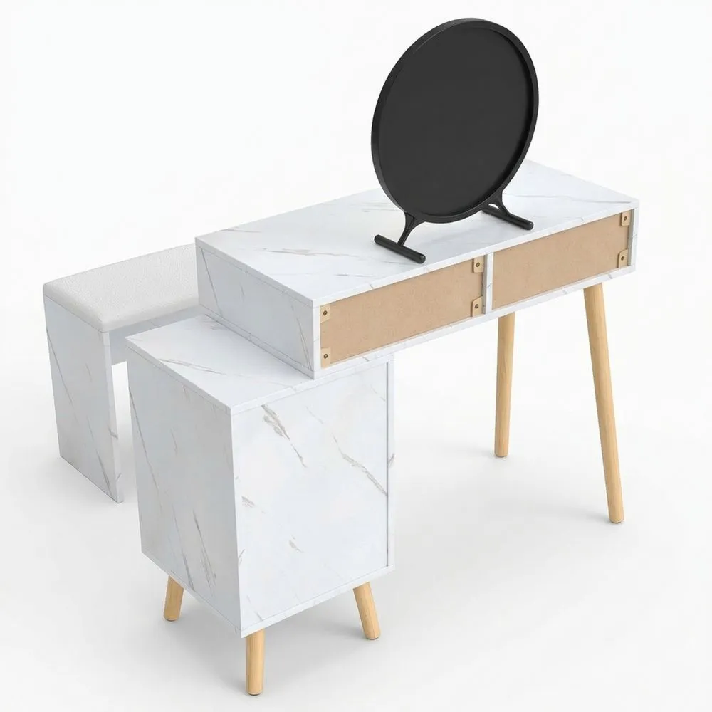 Tocador con Luz y Taburete, Mesa de Maquillaje con Espejo Desmontable y 5 Cajones, Modos de Iluminación Ajustables, Diseño de Mármol Artificial, Blanco-Doucenestes