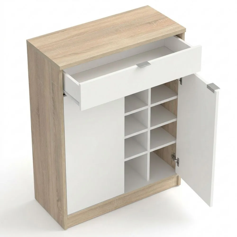 Armario Zapatero con Cajón y 4 Estantes Ajustables, Blanco Brillante y Roble Cambriano, 20 Pares, 101 x 75 x 36 cm-Doucenestes