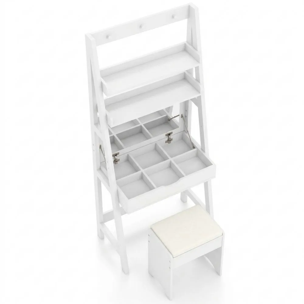 Tocador con Taburete Acolchado y Espejo Abatible, Almacenamiento Oculto y Estantes-Doucenestes