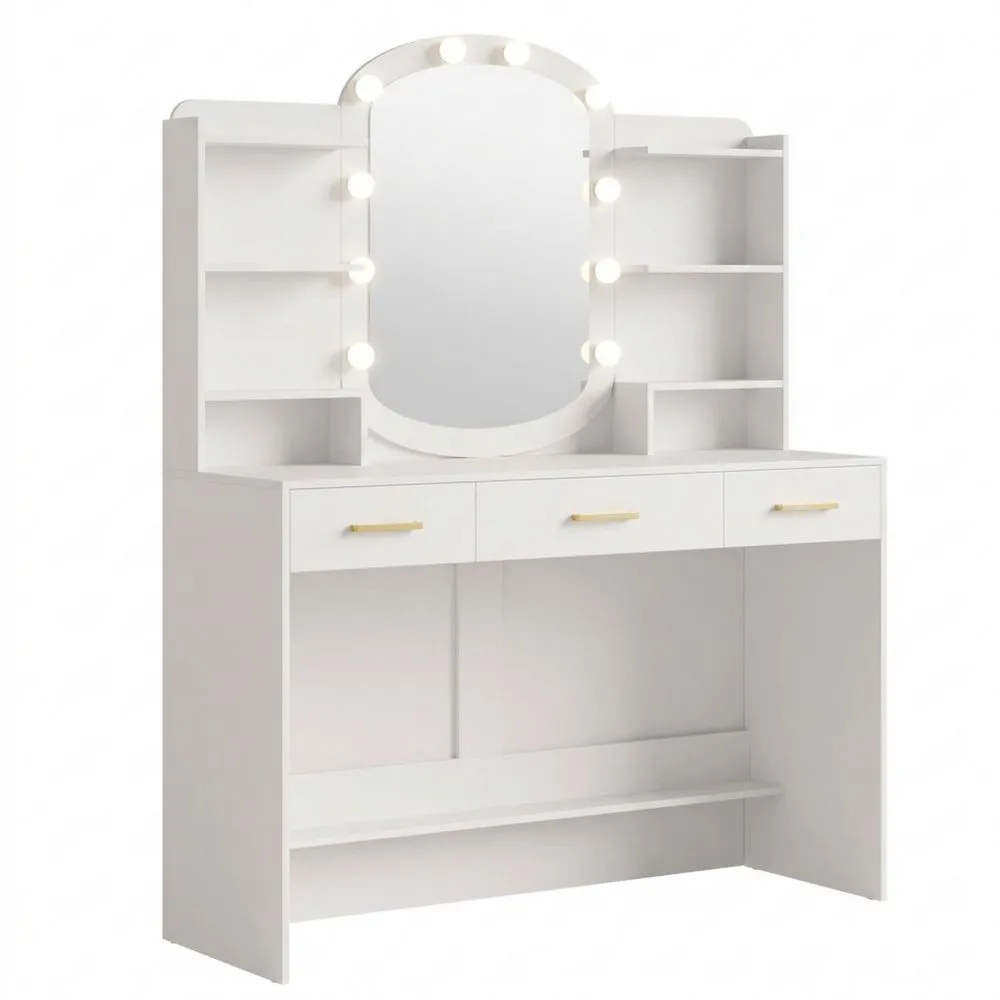 Tocador de 108 cm con Espejo Ovalado y 10 Luces LED, Brillo Ajustable, 3 Cajones y 6 Compartimentos Abiertos, Blanco-Doucenestes