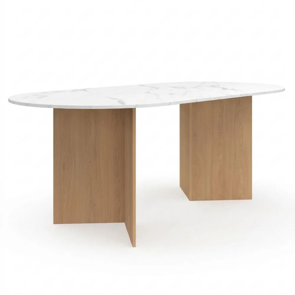 Mesa de comedor extensible ovalada para 6-10 personas, mármol blanco y madera de haya, 160-200 cm-Doucenestes