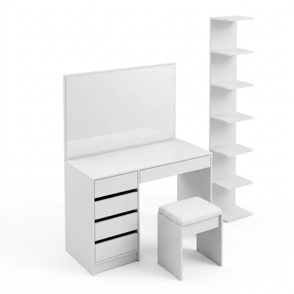 Tocador Blanco con Espejo, Estante y Taburete con LED-Doucenestes