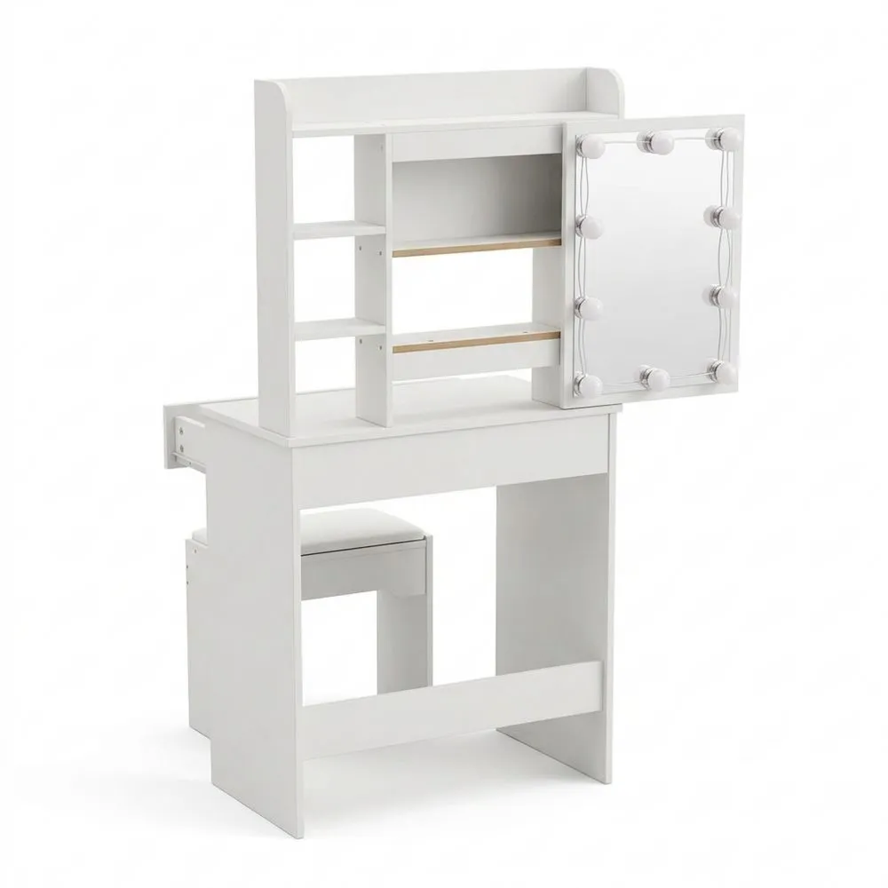 Tocador de Maquillaje con Luz LED y Taburete, Mesa de Tocador con Espejo Deslizante y 3 Estantes-Doucenestes