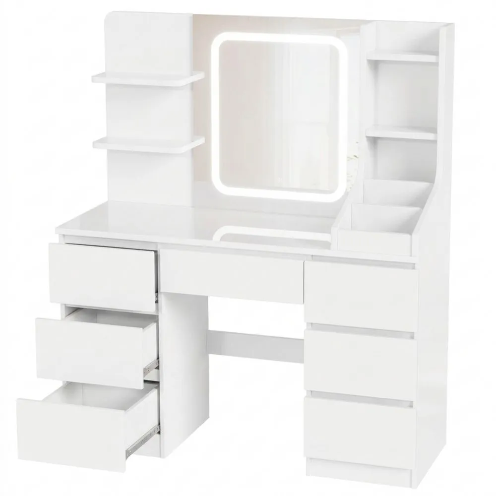 Tocador de Maquillaje con Espejo LED y Cajones Grandes, Luz Ajustable, Mesa Moderna con Estantes para Dormitorio, 110 x 40 x 139 cm-Doucenestes