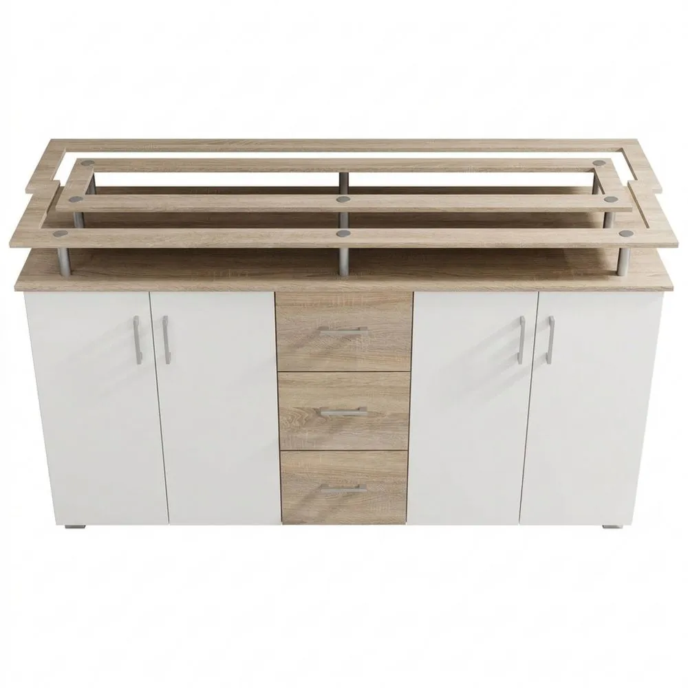 Aparador Alto con Estante, Acabado Roble Sonoma, Blanco, Mueble para Sala de Estar con Cajones y Amplio Espacio de Almacenamiento-Doucenestes