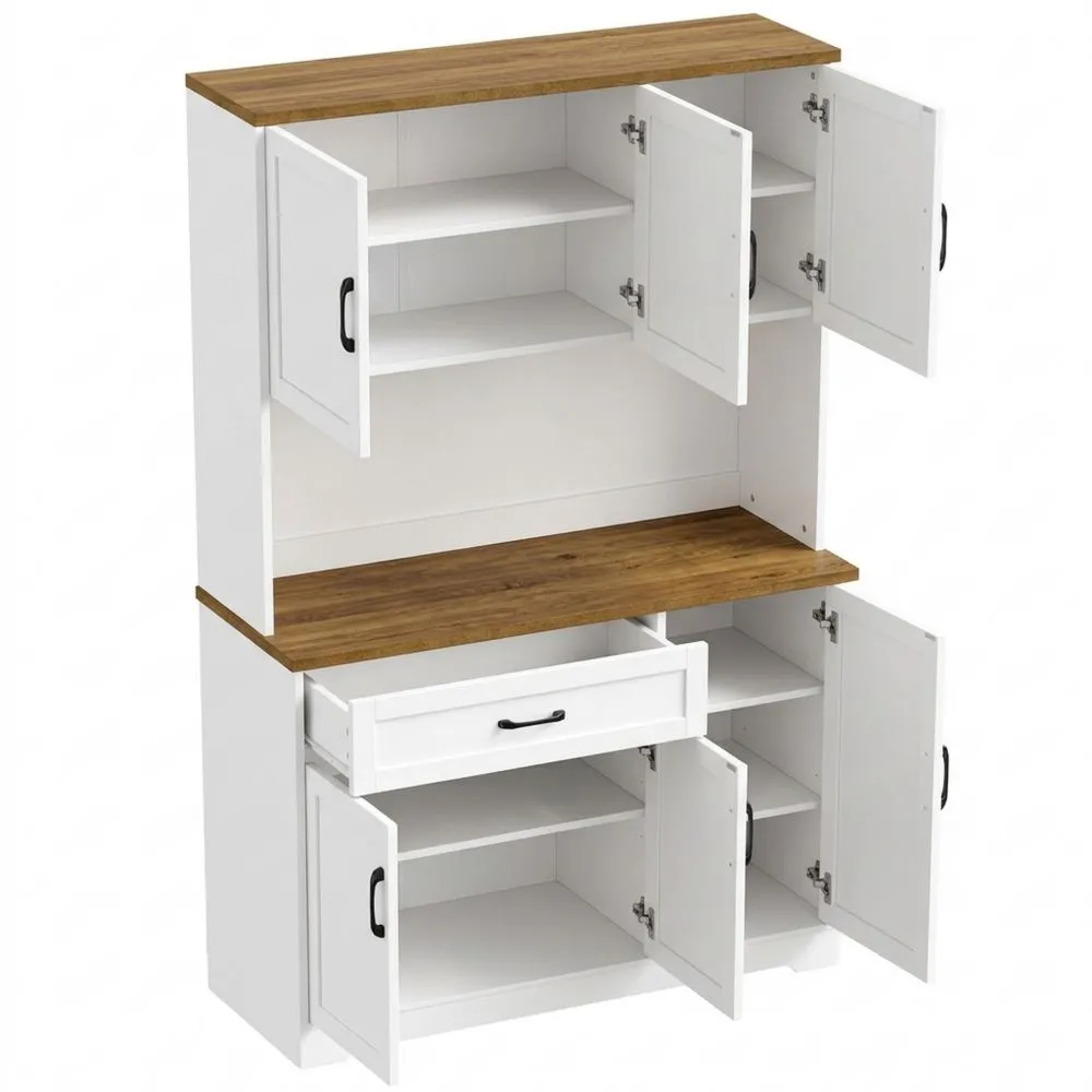 Armario de Cocina con Iluminación LED, Enchufe, Encimera para Microondas y Estante para Especias, Blanco-Doucenestes