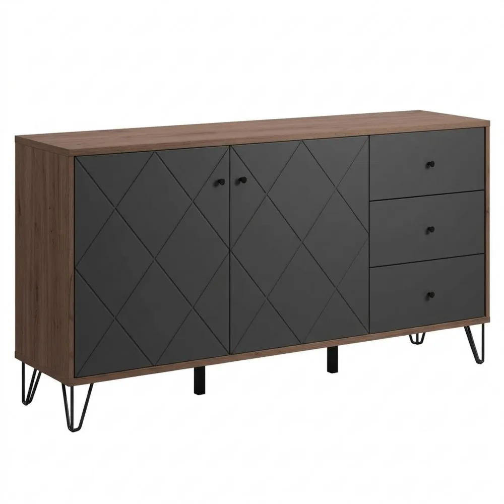 Aparador de Roble Kraft/Gris Grafito con 4 Compartimientos y 3 Cajones-Doucenestes