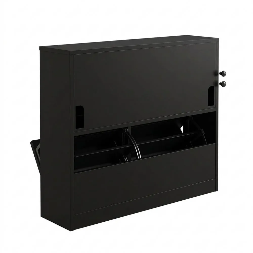 Zapatero Estrecho de Madera para Entrada o Pasillo, 4 Puertas, 105 x 24 x 80 cm, Color Negro-Doucenestes