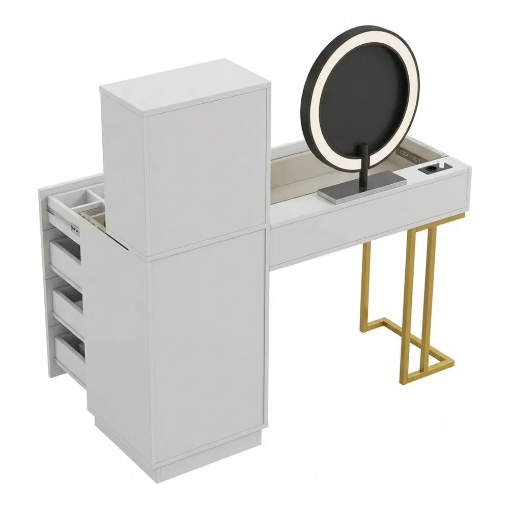 Tocador con Espejo LED, Cristal Templado, 5 Cajones y Armario, Blanco, 120 x 40 x 120 cm-Doucenestes