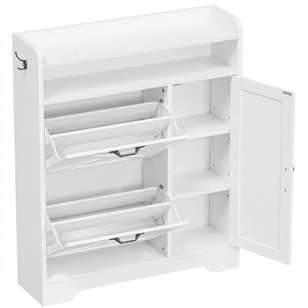 Estantería de Zapatos para Entrada, Compartimentos Abatibles y Estantes Abiertos, Estantes Ajustables con Ganchos, para Pasillo y Vestidor, Blanco-Doucenestes