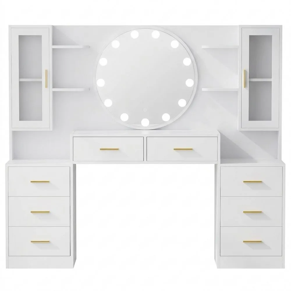 Tocador Moderno con Espejo e Iluminación LED Ajustable en Blanco-Doucenestes