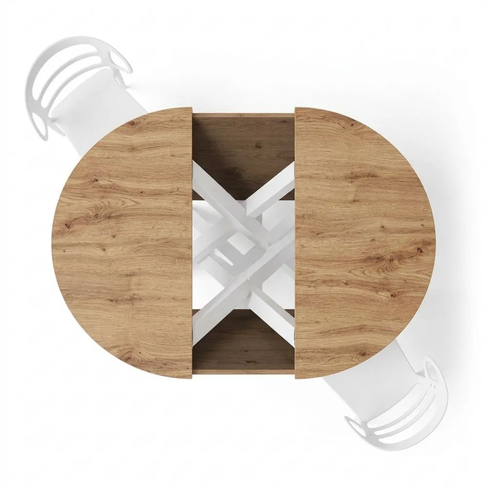 Mesa Redonda Extensible para Comedor, 120-160 cm, Madera Rústica y Patas Blancas Cruzadas, para 4-6 Personas-Doucenestes