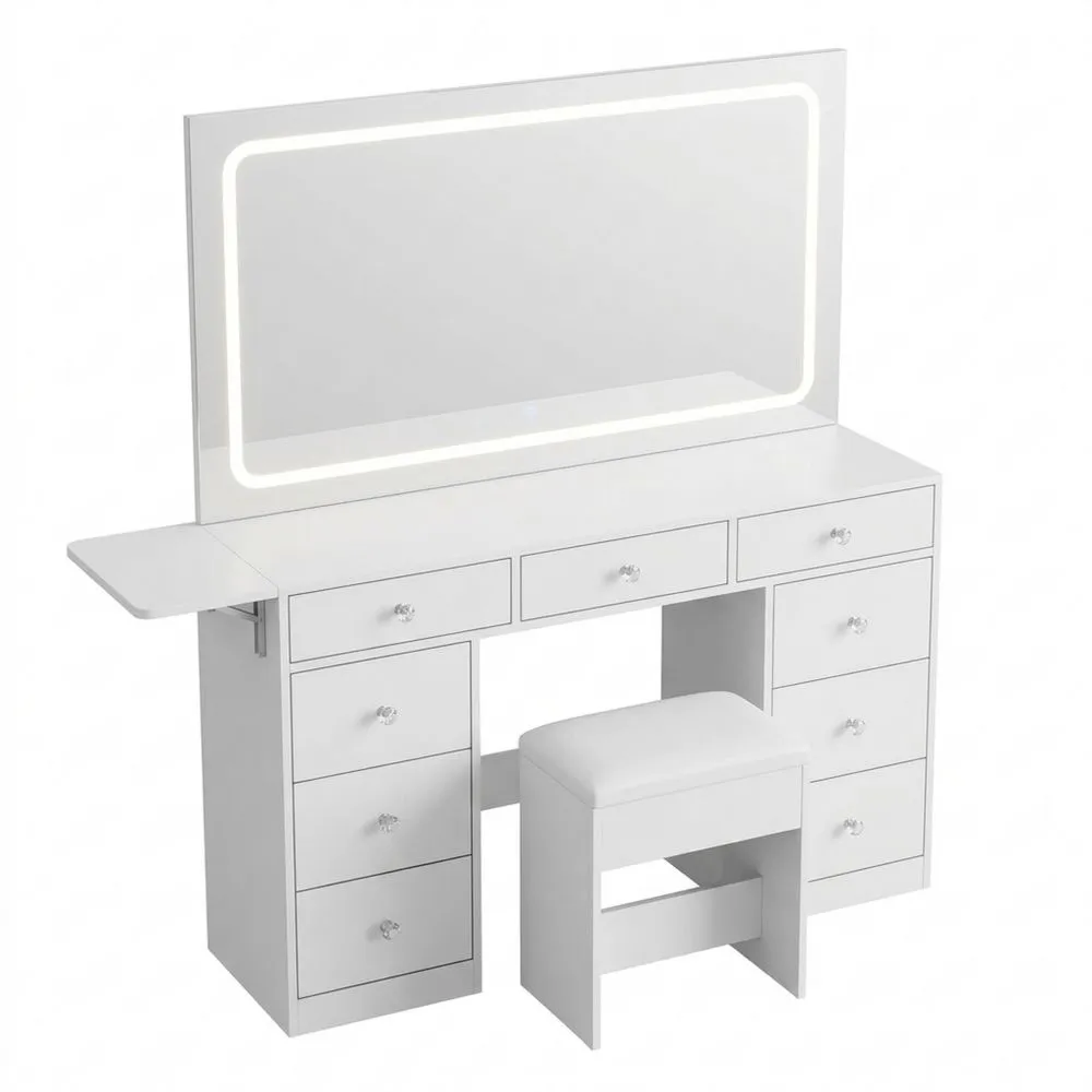 Tocador Moderno con Espejo LED, Taburete y 9 Cajones-Doucenestes