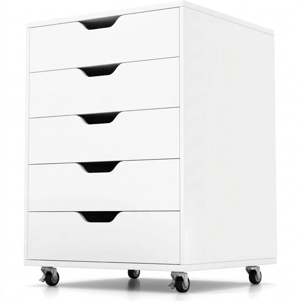 Cajonera con 5 cajones, archivador de oficina móvil con ruedas, 50 x 42 x 67 cm, blanco-Doucenestes