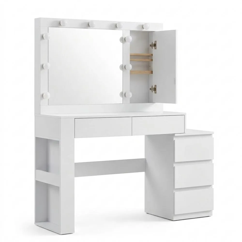 Mesa de tocador con iluminación LED y espejo, con cajones y enchufe, 40 x 125 x 140 cm, moderno, blanco nube-Doucenestes