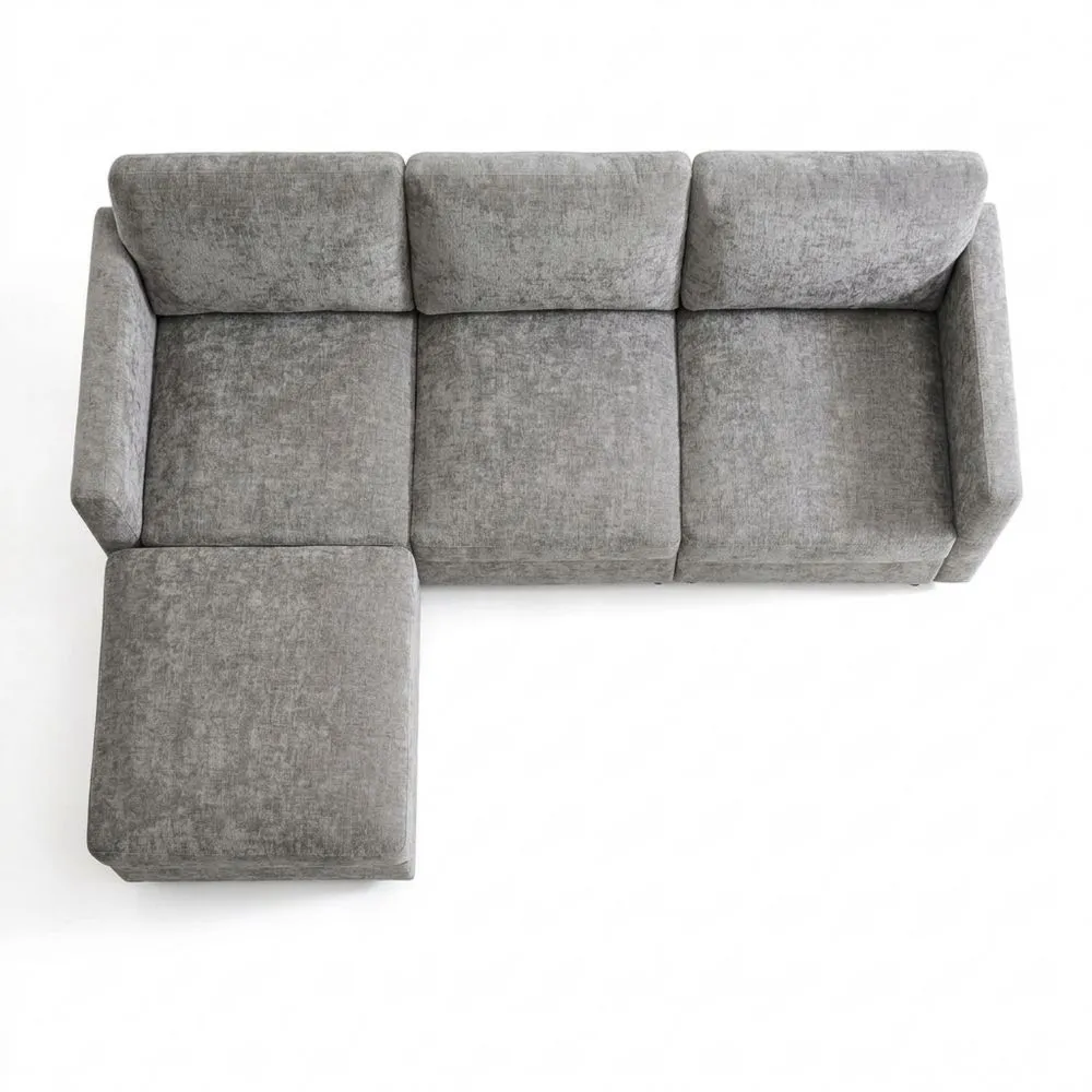 Sofá Esquinero en L con Reposapiés para Sala u Oficina, Sofá Cama Convertible de 3 Plazas, con 4 Almohadas y Brazos Ajustables, Tela de Chenilla Cómoda, Ideal para Apartamento-Traumblicks