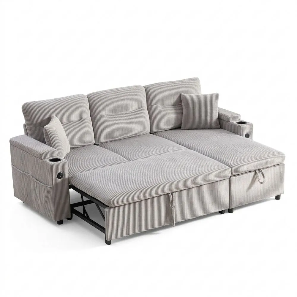 Sofá cama de 3 plazas con portavasos, puertos USB y almacenamiento integrado-Traumblicks