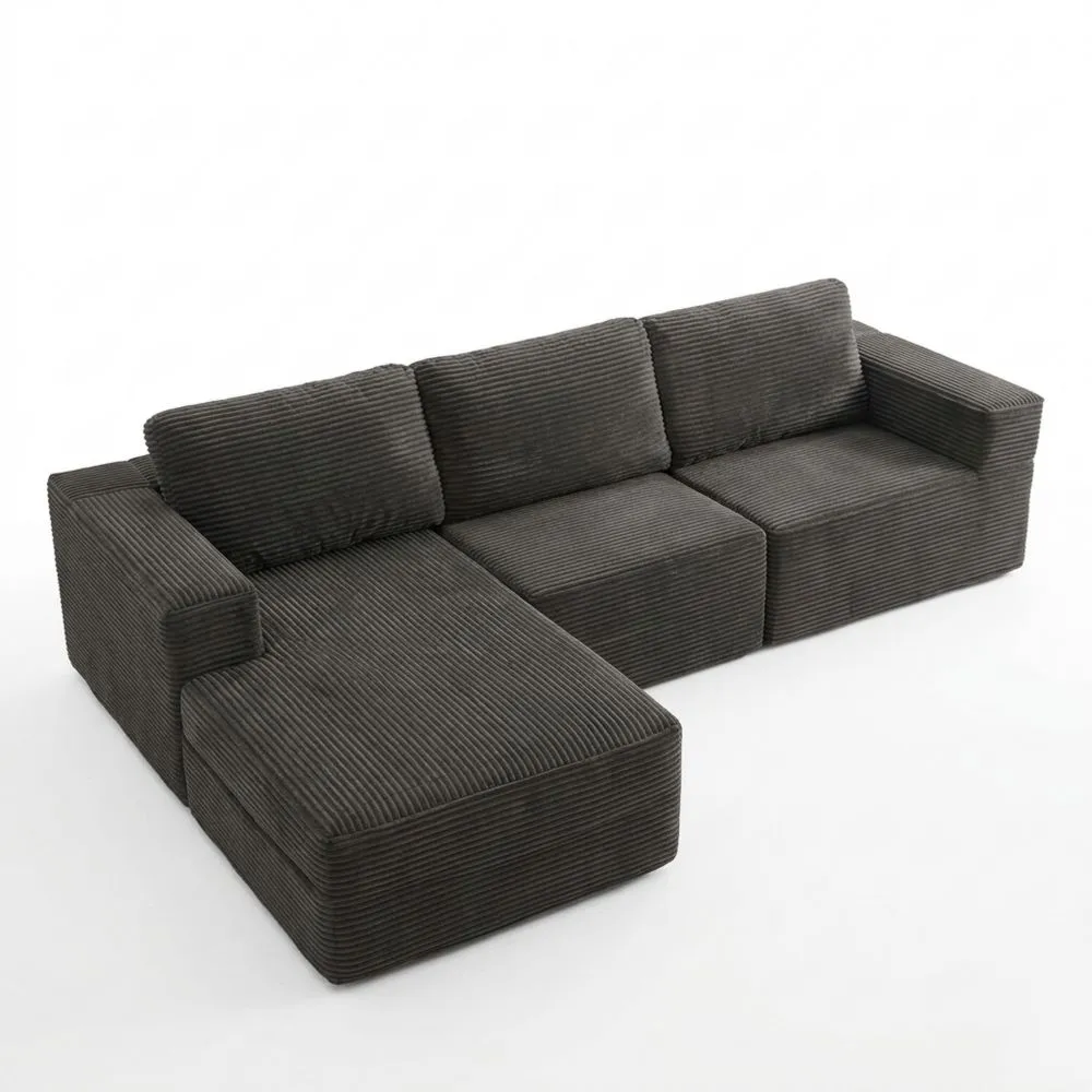 Sofá Esquinero Modular con Chaise Longue Derecha y Cama Funcional - Tapizado en Corderoy, Asiento Profundo - Sofá Cama para Sala de Estar - Sin Montaje (Gris)-Traumblicks