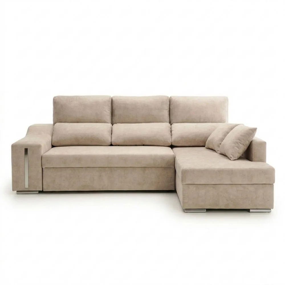 Sofá chaise longue con cama, arcón y pouf beige derecha-Traumblicks