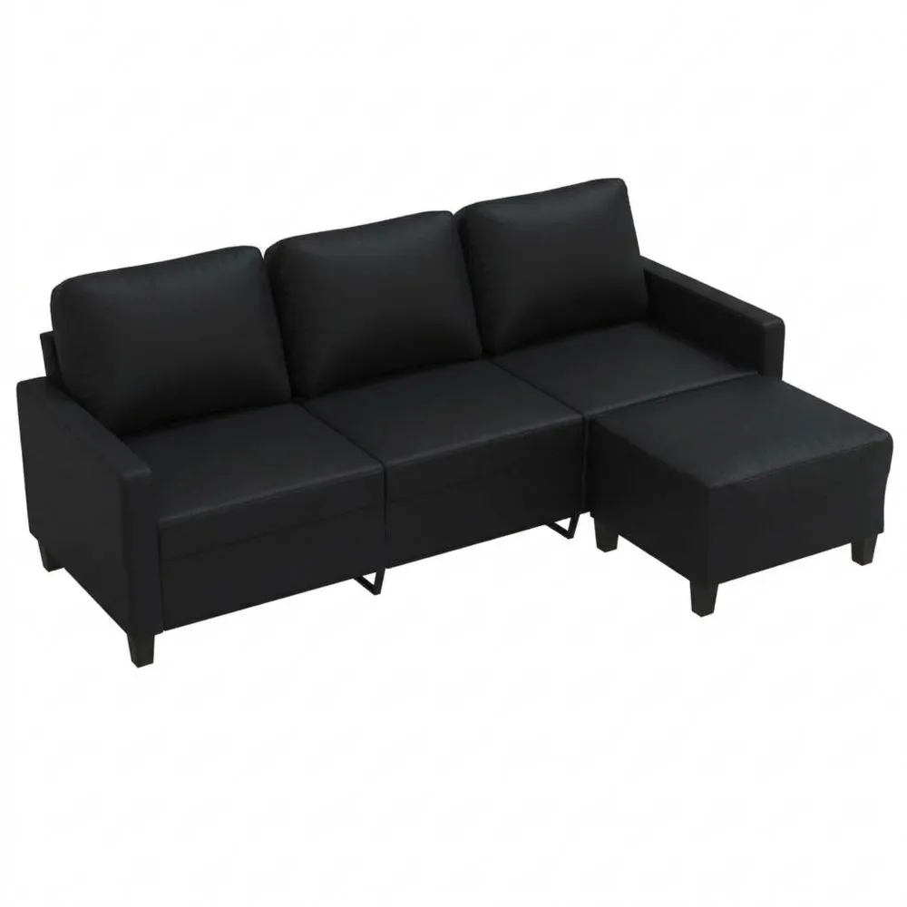 Sofá cama moderno de 3 plazas con reposapiés de cuero sintético negro 180 cm-Traumblicks