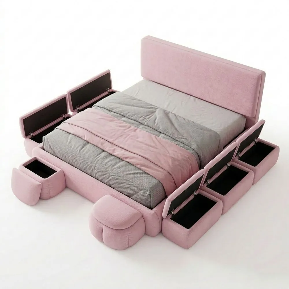 Cama tapizada doble de 140 x 200 cm con orejas ajustables y luz cálida, almacenamiento hidráulico y 2 taburetes-Traumblicks