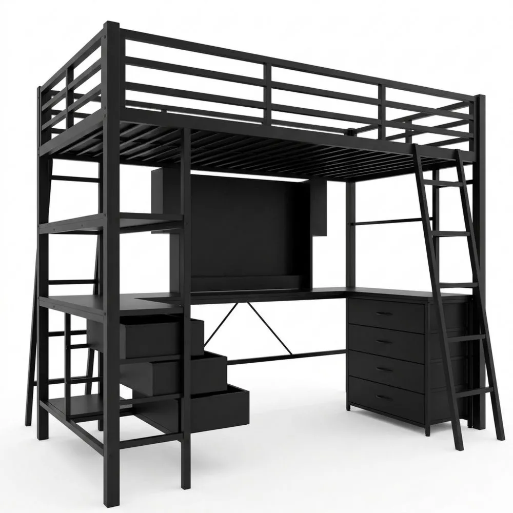 Cama Alta 90 x 200 cm con Luz LED y Puerto USB, Cama Infantil con Escritorio y Cajones, Negra-Traumblicks