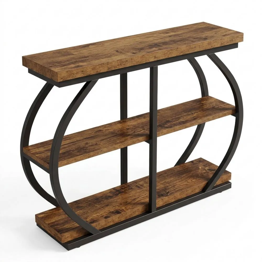 Mesa de entrada industrial de 3 niveles con estantes de almacenamiento para salón o pasillo color marrón rústico-Traumblicks