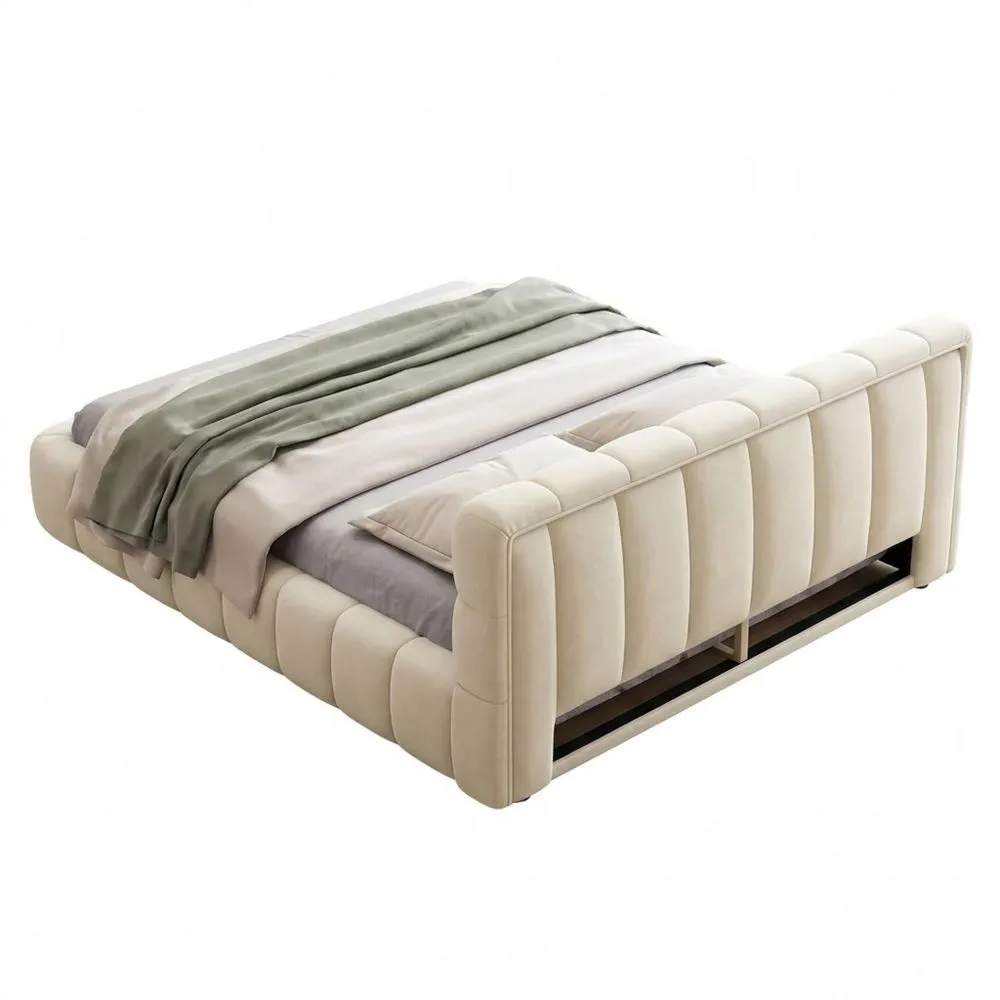 Cama Tapizada 140 x 200 cm con Base de Láminas y Respaldo Suave para Jóvenes, Color Beige-Traumblicks