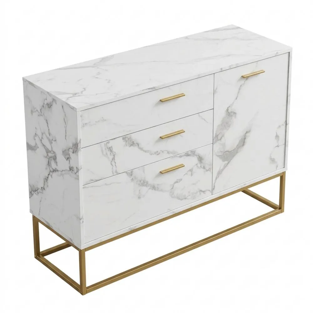 Aparador con 3 Cajones y Estante Ajustable en Altura, Efecto Mármol Blanco-Traumblicks