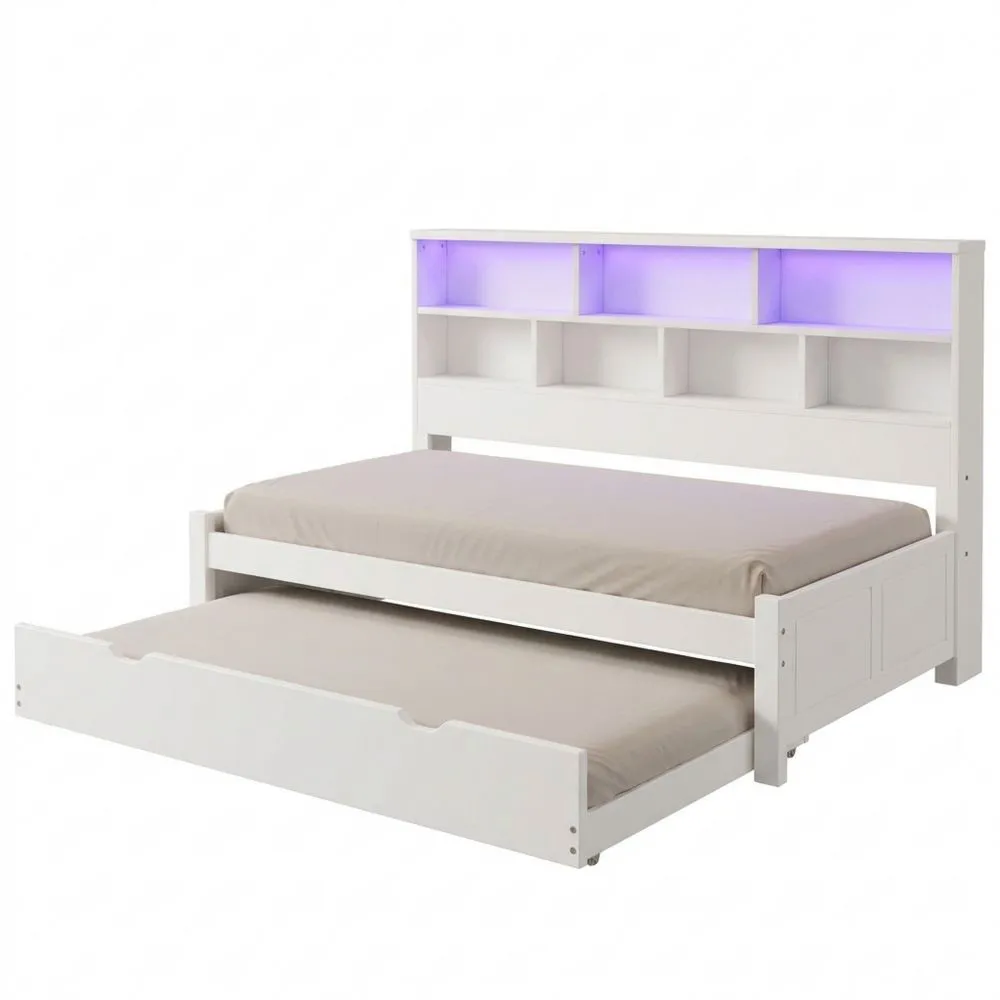 Cama doble con almacenamiento y luz ambiental, 120x200 y 90x190 cm-Traumblicks