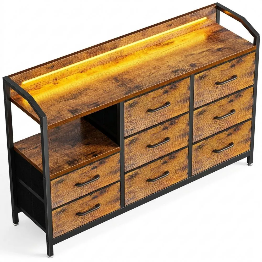 Cómoda de Dormitorio con Luz LED y Cajones Grandes de Tela-Traumblicks