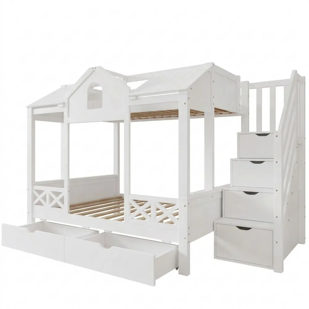 Litera para Niños 90 x 200 cm y 140 x 200 cm con Cajones y Escalera para Almacenaje, Litera Doble con Techo y Ventana, para 2 Personas, Sin Colchón, Blanca