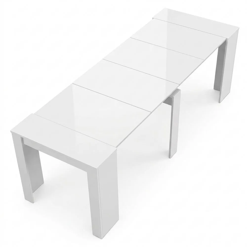 Mesa extensible para comedor o cocina con 5 posiciones para hasta 10 comensales en blanco brillo