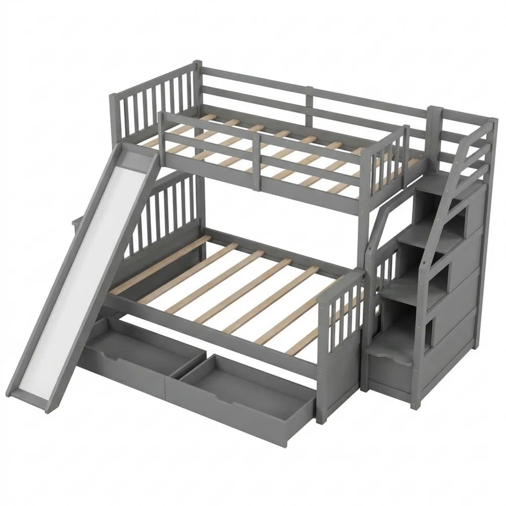 Cama Triple con Escalera, Tobogán y Cajones, Estructura de Madera de Pino, Gris