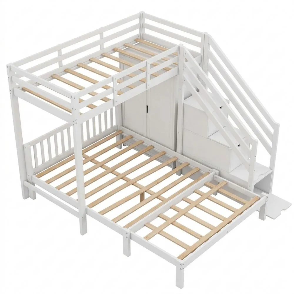 Cama Alta con Armario, Espacio de Almacenaje, Escalera, Blanco