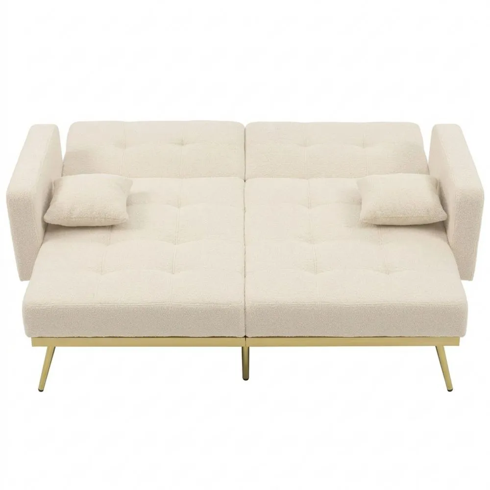 Sofá cama de 2 plazas con función de sueño y respaldo ajustable, patas doradas, bolsillo lateral y 2 cojines, tejido Sherpa (beige)