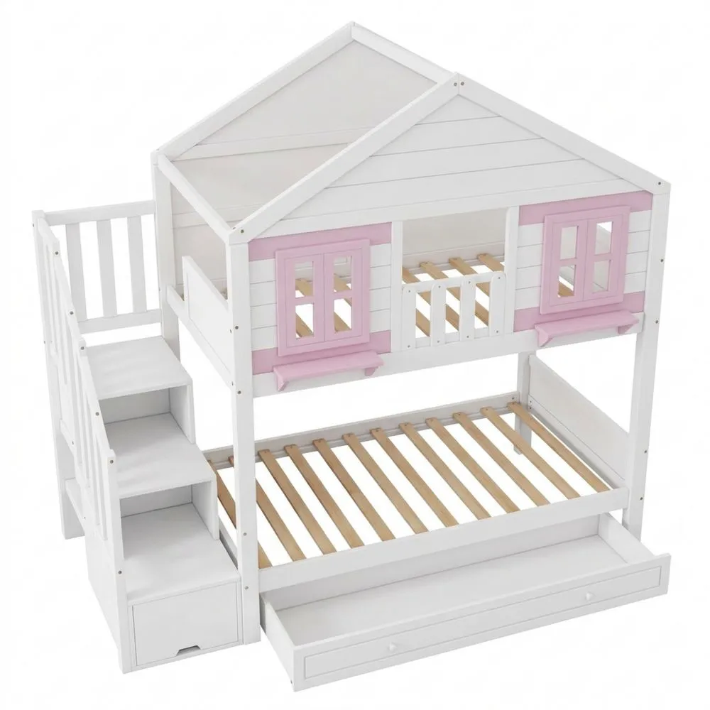 Litera infantil con cama nido y escaleras, diseño con ventana, sin colchón, blanco y rosa