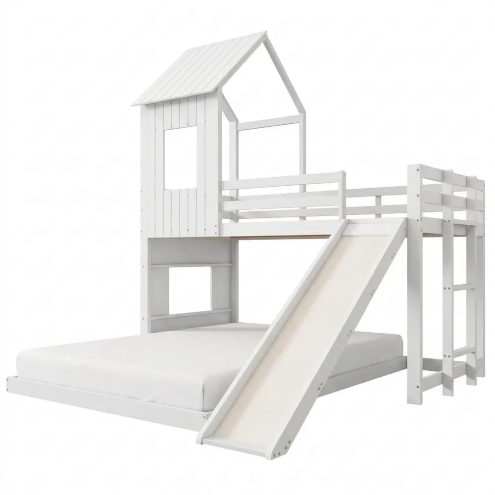 Cama Alta con Tobogán y Escalera, Barrera de Protección, Ventana y Techo, 90 x 200 cm y 140 x 200 cm