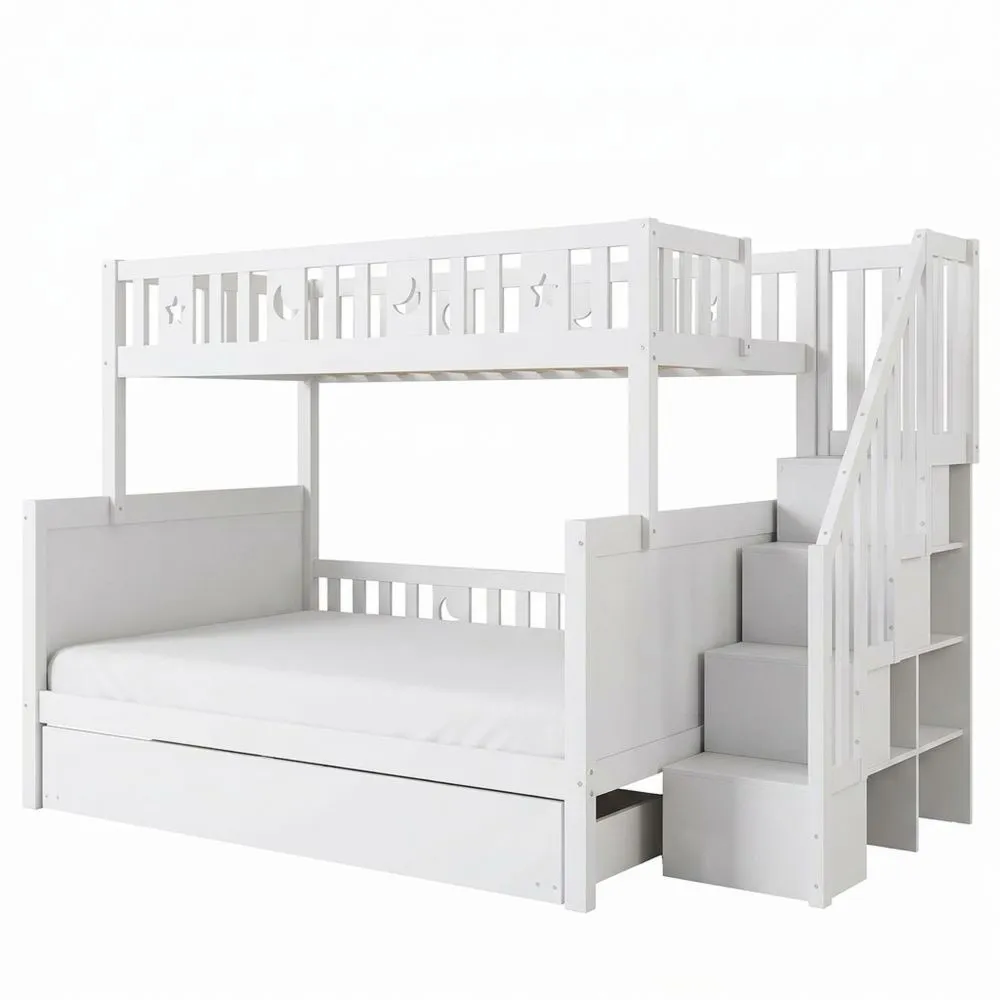 Cama nido doble de pino con escalera, estantería y protección anticaída, bases para 3 camas, blanco