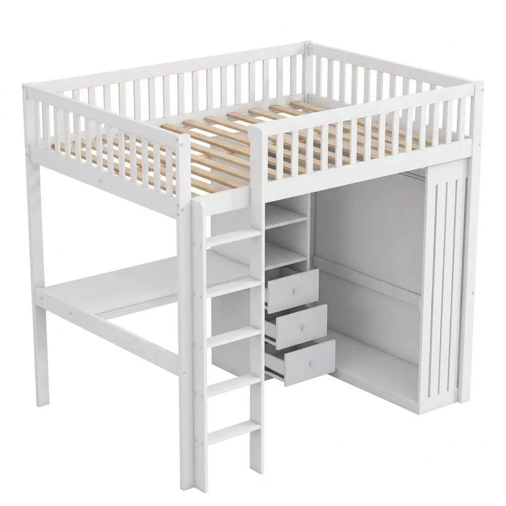 Cama Litera Blanca 140 x 200 cm con Armario y Cajones