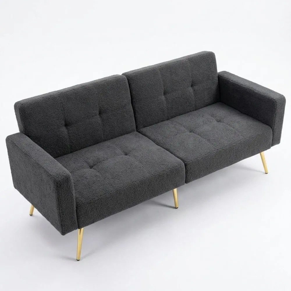 Sofá Cama con Función de Cama, Ángulo Ajustable, Patas Doradas, con Cojines y Bolsillos Laterales (Gris Oscuro)