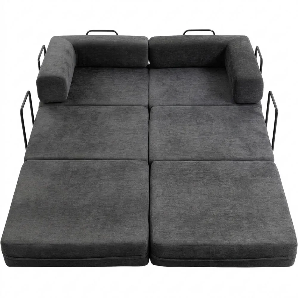 Sofá Cama Plegable para 2 Personas, Tapizado en Chenilla, con Almohadas y Reposabrazos Anchos, Acolchado Grueso, Sin Montaje, para Dormitorio y Sala, Gris Oscuro