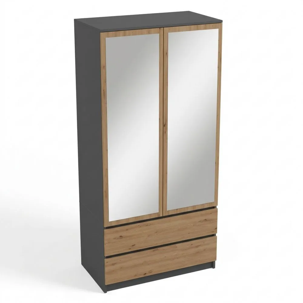 Armario de Dormitorio con Espejo y Cajones, Roble y Antracita, 90 cm de Ancho, 4 Estantes y Espacio para Perchas