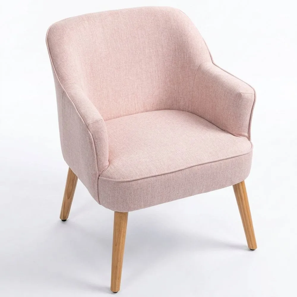 Sillón moderno tapizado de lino con patas de madera y reposabrazos acolchados, capacidad 120 kg, rosa